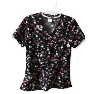 Runway By Cherokee Scrub‎ Top Women’s Size Small Pull Over Floral V Neck